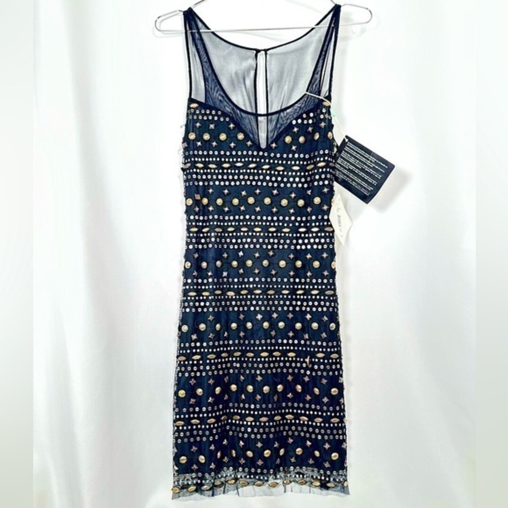 🅽🅴🆆 Badgley Mischka black mesh silver & gold sequin & beads dress, size 10